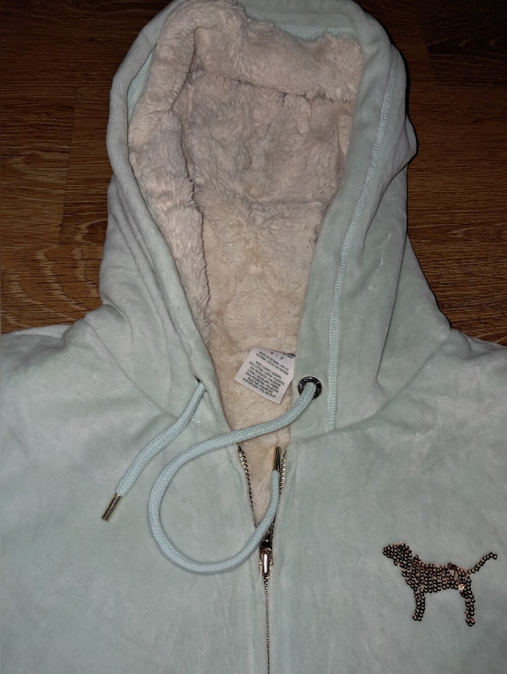 LOVE PINK Victoria's Secret Velour Fur Lined Hoodie Gold Sequins Bling Y2k - Picture 4 of 6